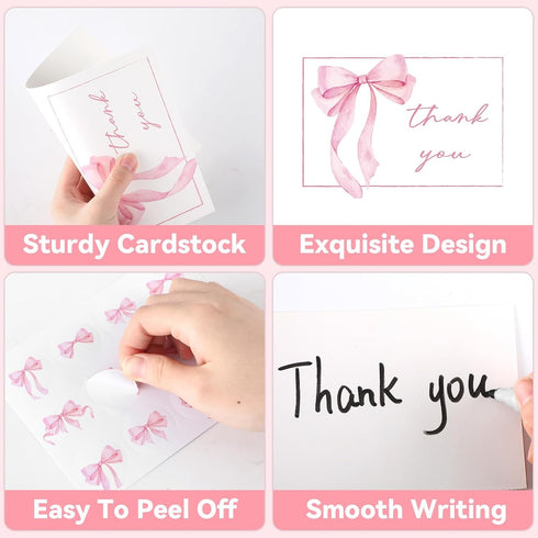 52 Pack Set 4x6inch Thank You Cards with Envelopes Pink Bow Thank You Cards Bulk Assortment Greeting Gift Watercolor