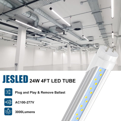 T8 4FT Bulbs, 24W 3200LM 5000K, 4 4Pack JESLED LED Type A+B Light Plug and Play or Ballast Bypass, Foot Flourescent