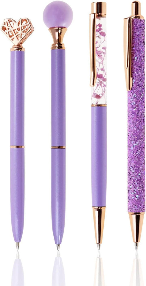 PENTA ANGEL 4Pcs Ballpoint Pens Set, Black Ink Metal Glitter Roller Ball Pen, Fancy Gift for Women