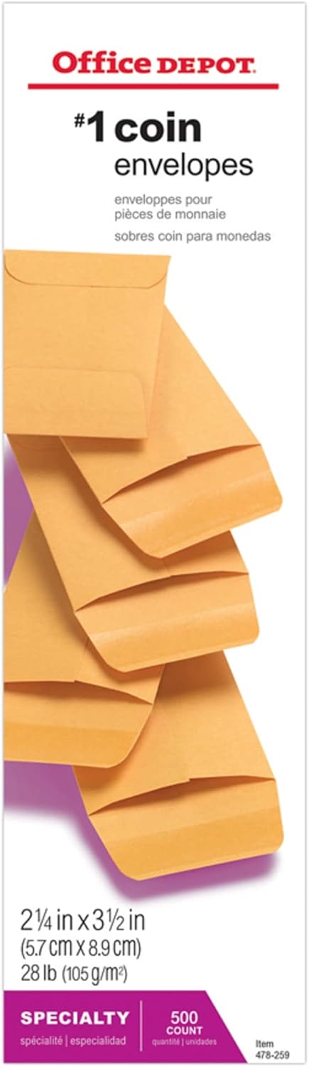 Office Depot Coin Envelopes, 1, 2 1/4in. x 3 1/2in., Brown, Pack Of 500