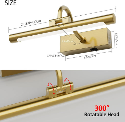 11.8" Rechargeable,10000mAh Paintings,3CCT Dimmable, Aipsun Brass Picture Lights for Wall Battery Operated Art Light