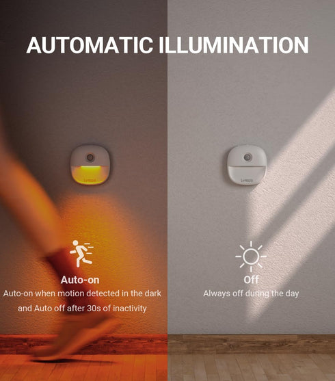 Dimmable 3 Pack Lyridz Rechargeable Battery Night Light with Motion Sensor, Amber Nightlights for Bathroom, Bedroom