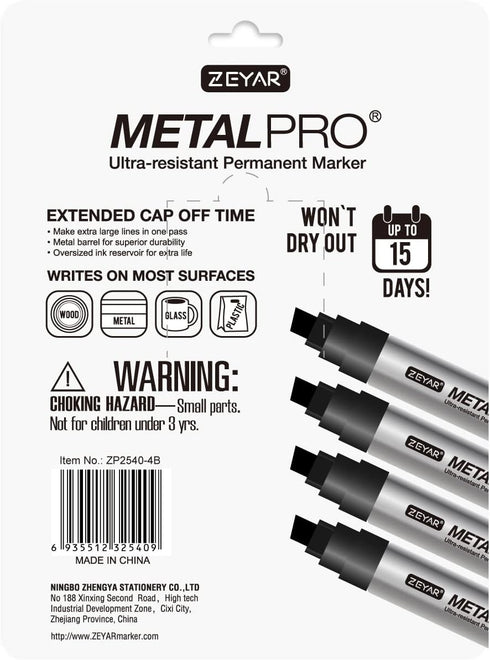 ZEYAR Permanent Markers Pen, JUMBLE Size, Set of 4, Aluminum Barrel, Premium Waterproof & Smear Proof Markers