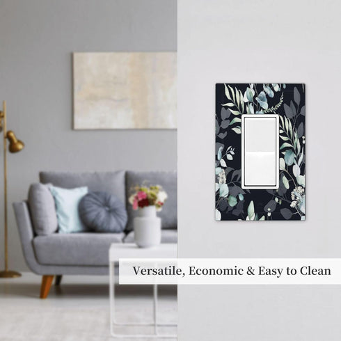 Decorative Switch Plate Covers, Boho Black/Grey Eucalyptus Leaf Floral 1 Gang Light Switch Cover for Home Decor