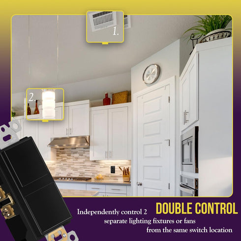 ENERLITES Double Paddle Rocker Decorator Switch, Gloss Finish, Ground Terminal, Clamp-Type Wiring, Copper Wires Only, Single Pole, Residential/Commercial Grade, 15A 120-277VAC, 62834-BK, Black
