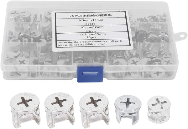 75pcs Cam Lock Fittings Cam Nut Set, 3-in-1 Connector Fastener for Furniture, Screws