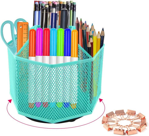 Rotating Pencil Holder, 360 Degree Pen Caddy with 5 Compartments, Mesh Desktop Organizer for Home and Office