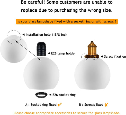 WEIYOUDJ 5.9 Inch E26 1-5/8 Inch White Glass Globe Shade Fixture Replacement, Diameter, Base Fitter, double hole Glass