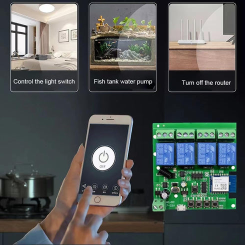 Tuya Smart Life WiFi Momentary Inching Relay Module, 4CH Smart Life, DC 7-32V/USB 5V, Compatible with Alexa Google Home