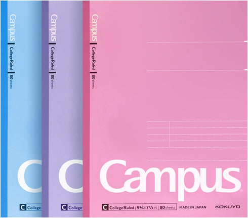 KOKUYO Campus Notebook, 9-3/4“ x 7-1/2”, College Ruled, 80 Sheets (160 pages), Pack of 3 Colors