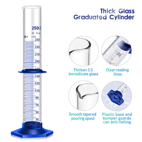 Thick Glass Graduated Cylinder 250ML with Anti-Falling Plastic Base, Bumper Guards, and Glass Dropper for Measuring