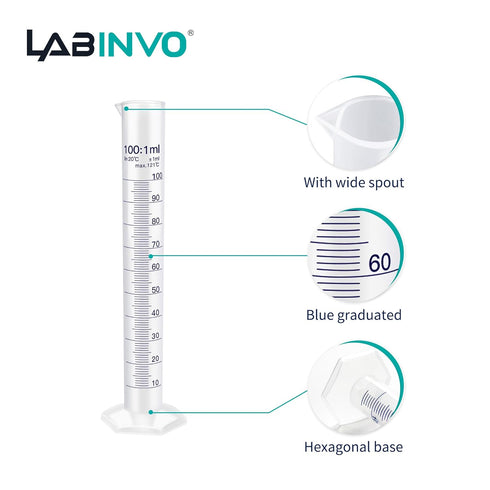 6pcs 100 mL Graduated Cylinder Set, Blue Printed Plastic Measuring Cylinder with Spout, Hexagonal Base, IN-MC100