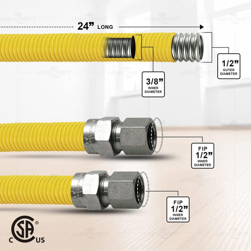 GUHD-ZD38-24C Gas Line Hose 1/2'' O.D. x 24'' Length with 0.5 in. FIP Fitting, Yellow Coated Stainless Steel Flexible Connector, 24 Inch by Highcraft