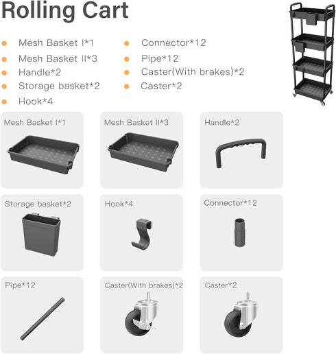 4 Tier Rolling Utility Cart with Handle,REBECAT Utility Cart Made of Multifunctional Storage Organizer Tool