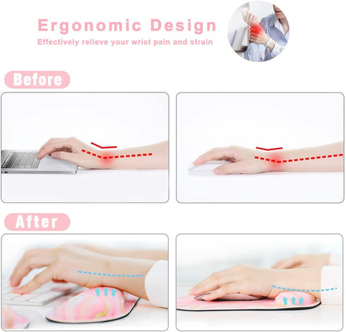Memory Foam Ergonomic Keyboard Wrist Rest Pad and Mouse Support Set for Office Gaming, Pink Fluid