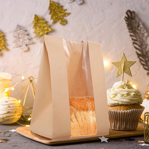 100pcs Packaging HEMOTON Kraft Paper Bread Bags with Window Small Sandwich and Pastry Bags for Bakery and Food Storage
