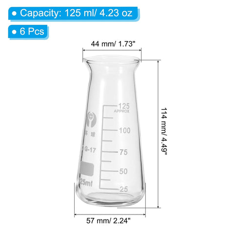 PATIKIL Erlenmeyer Flask, 6 Pcs 125ml 4.13oz Narrow Mouth Graduated Flasks for Lab Experiment Chemistry