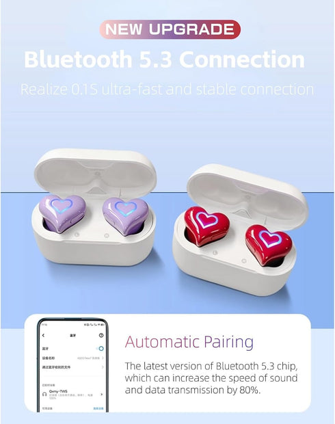 5.3 Yoidesu Earbuds Stylish Heart Shaped, HiFi Stereo Sound Bluetooth Headphones with Charging Case, Cute Creative