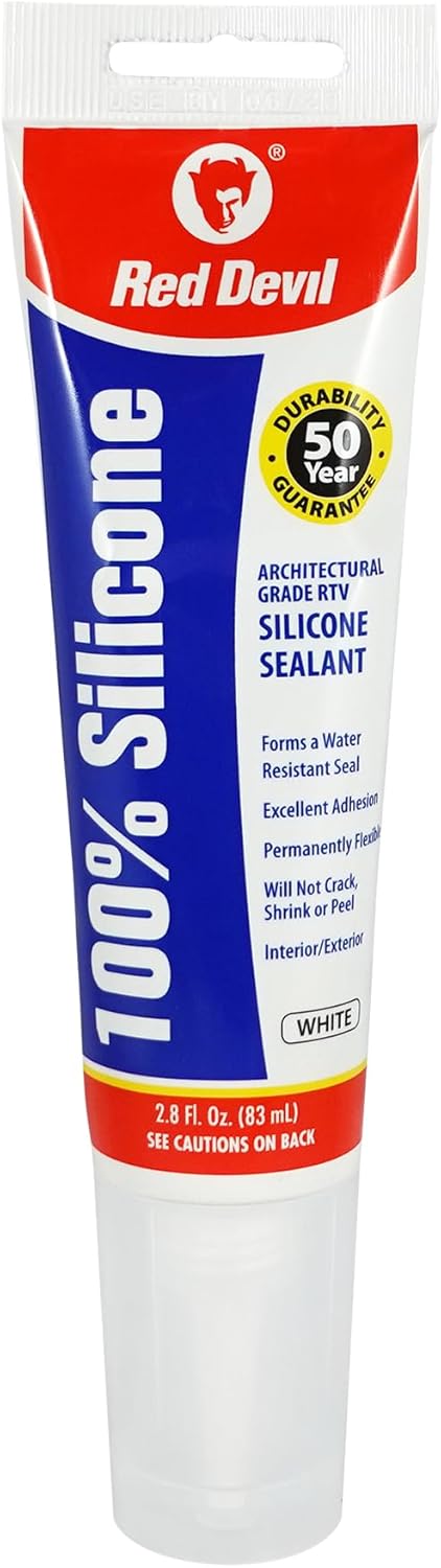 Red Devil 0810 100% Silicone Architectural Grade RTV Sealant, Water-Resistant Adhesive, 2.8 oz Tube, White, 1-Pack