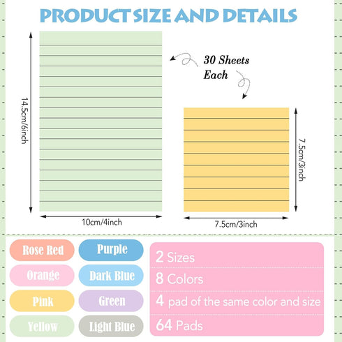 Yexiya 64 Pcs Lined Sticky Notes, Self Stick Notes with Lines, 1920 Sheets, Fresh Color
