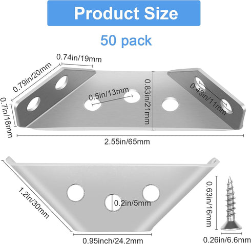 Sissinda 50Pcs (50 Universal Stainless Steel Furniture Corner Connector, Angle Corner Bracket with Screws, Corner
