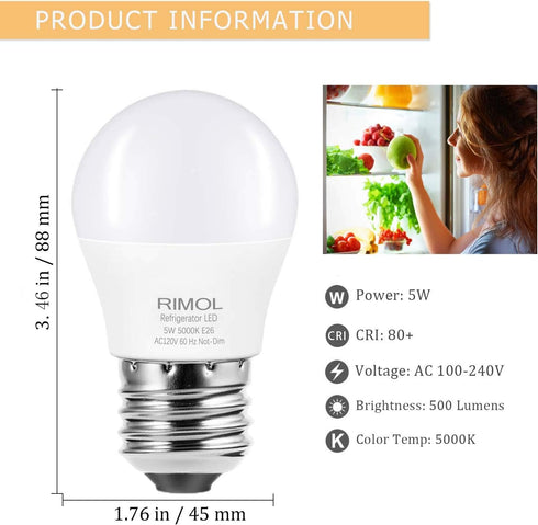 Refrigerator Light Bulb, 40W Equivalent, 120V A15 LED Fridge Bulbs, Daylight White 5000K, 2 Pack