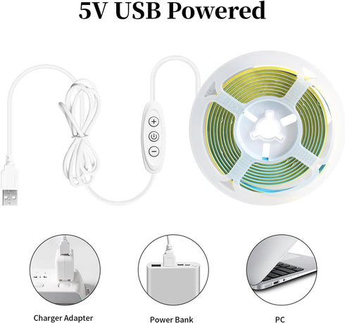 6.6ft 2M 5V 640LEDs 6000K Dimmable 93+ iNextStation USB COB LED Strip Light, Cold White USB LED Strips CRI Flexible LED