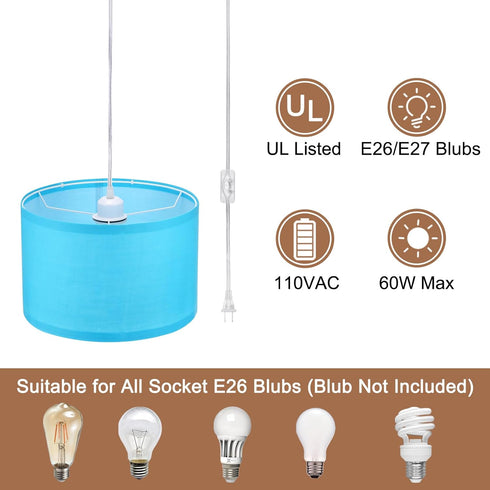 15Ft E26/E27 Bulb PATIKIL Plug in Pendant Light, Rope Cord Hanging Lamp Fixture with ON/Off Switch, Fabric Shade Socket
