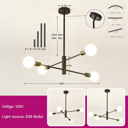 EUGITRAINS 4-Lights (Bulbs Gold Modern Sputnik Chandelier, Mid Century Chandeliers Flush Mount Sputnik Lights Fixture