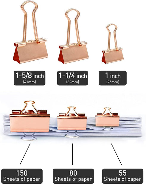Large Binder Clips, 24 pcs, 1.6 Inch Rose Gold, Capacity 0.66 Inch, Paper Binder Clips, Office Clips
