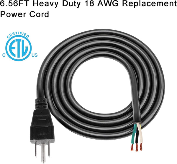 18 Gauge Replacement Power Cord, 6.46Ft Cable 110V 115V 120V 125V 300V Pigtail for Appliance, Black