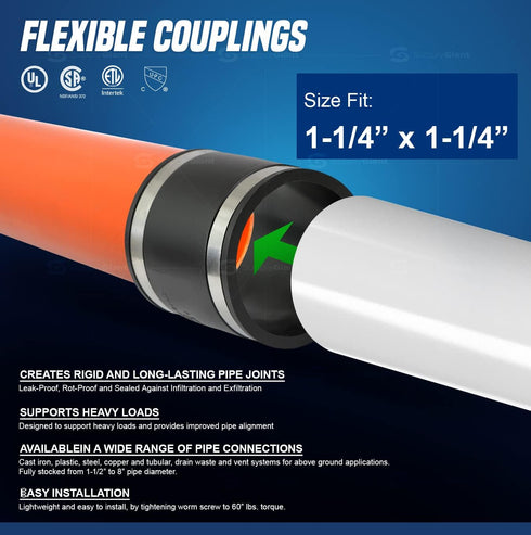 Supply Giant 6I45 Flexible PVC Coupling with Stainless Steel Clamps, 1.6" Inner Diameter, Black