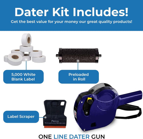 Perco Lite 1 Line Dater Gun with Labels Kit - Includes 5,000 Blank Labels, 2 Ink Rollers, 1 Ink Roll