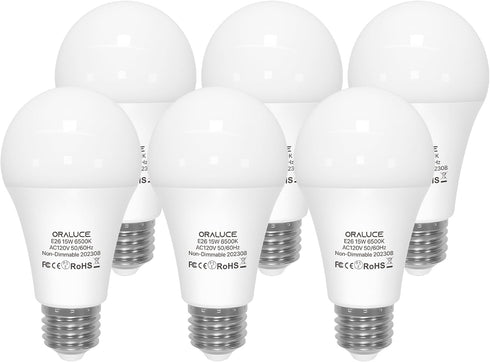 ORALUCE LED Light Bulbs, 100 Watt - 120 Watt Equivalent, 15W 1600 Lumens, 6500K Cool White, E26 Medium Base, 6 Pack