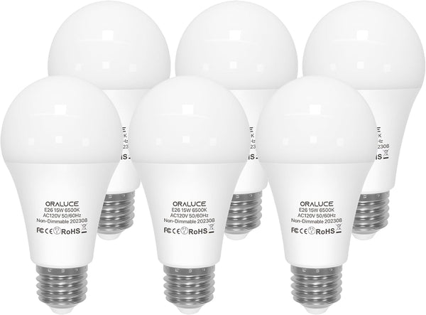 ORALUCE LED Light Bulbs, 100 Watt - 120 Watt Equivalent, 15W 1600 Lumens, 6500K Cool White, E26 Medium Base, 6 Pack
