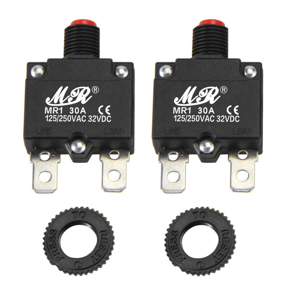 30 Amps Thermal Circuit Breakers 125/250V AC 32V DC Push Button Manual Reset Overload Protector Switch (2 Pack)