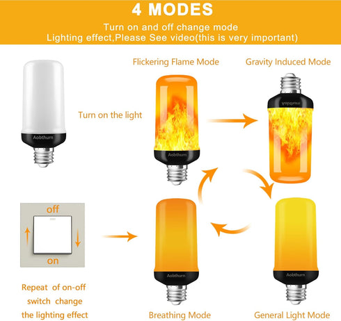 Flame Light Bulbs, E26 Base Flickering LED Bulb, 4 Modes with Gravity Sensor, Halloween Home Party, Pack of 4