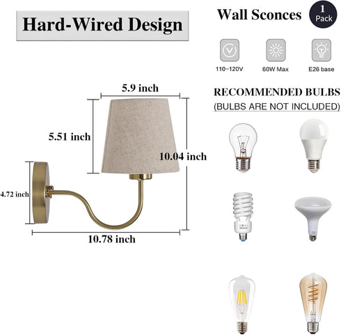 1 Pack E26 Bulb LASENCHOO Gold Wall Sconce, Modern Sconces Wall Lighting Vintage Wall Light Fixtures with Fabric