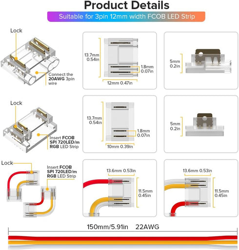 FCOB 12mm 3Pin WS2811 720LED/m 22AWG 3Pin COB Connectors Kit for RGB Smart IC Strip, L-Shaped Corner Connector/Gapless