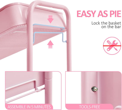 TOOLF Pink 3 Tier Rolling Cart, Metal Utility Cart with Wheels & Wooden Top, Organizer for Kitchen, Office, Bathroom