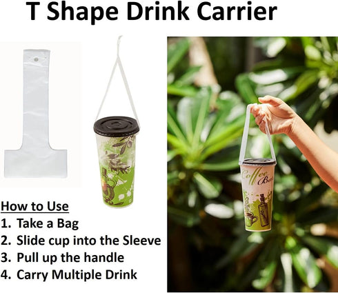 100PCS Plastic Clear Handle Drink Containers Bags for Shops Stores Delivery Hanging Carry Take Out Beverage Coffer Milk
