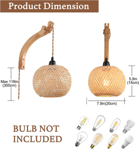 CAFULAM Plug in Wall Sconce,Farmhouse Wicker Wall Lamp Plug in,Hand Woven Rattan Wall Light Farmhouse Rustic Boho