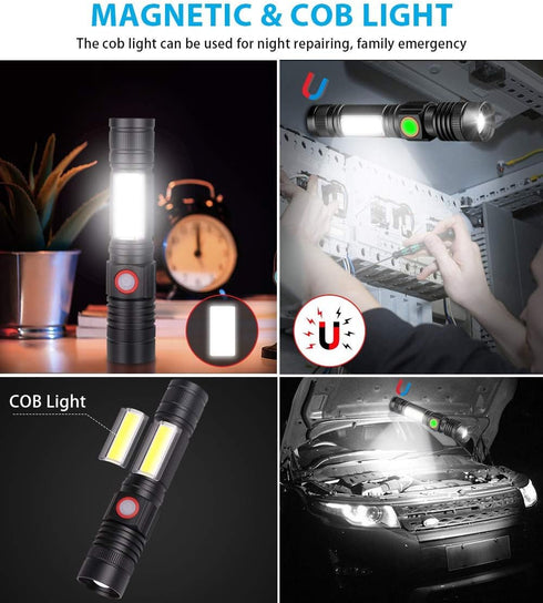 4 2 Pack Rechargeable Tactical Flashlight, USB Magnetic Flashlights with COB Flash Light - Models, Zoomable