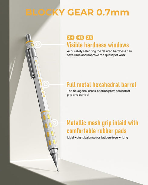 Nicpro Blocky Gear 0.9 mm Mechanical Pencils Set in Case, Metal Pencil with 0.9mm HB Lead Refills, Eraser for Professional & Adult Art Writing Drafting Drawing by Nicpro