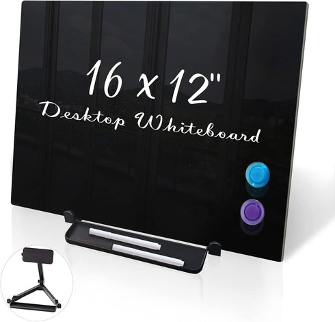 Black Magnetic Glass Board Desktop Easel, 16x12" Black Dry Erase Board for Desk, Tabletop Glass Whiteboard on