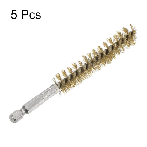 5Pcs Bore Brush, Brass 15mm Dia Cleaning Twisted Bronze Wire Brush with Handle 1/4 Inch Hex Shank