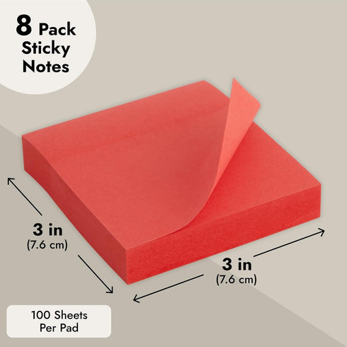 Juvale 8 Pack Bright Red Sticky Notes - 3x3 Inch Self-Stick Note Pads for Home, Office Supplies, 100 Sheets Per Pad