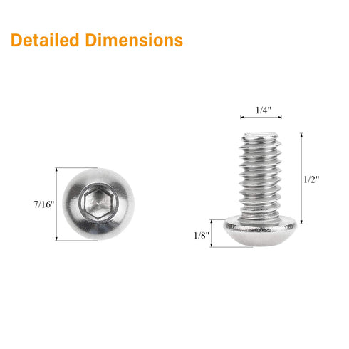 60 Pieces 1/4-20 x 1/2" Hex Button Head Socket Cap Bolts, Stainless Steel 18-8 (304), Full Thread