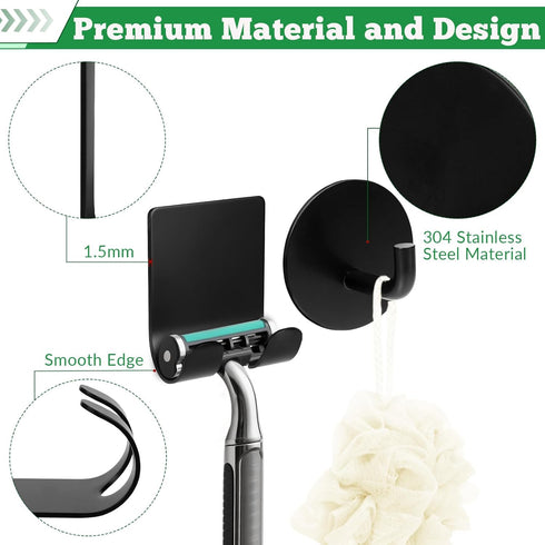 NEATABY 4 Pcs Black Razor Holder Bathroom Hooks Adhesive Heavy Duty Stainless Steel Multi Storage Shower Hooks