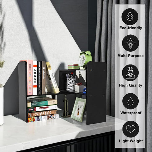PAG Desk Organizer, Adjustable Desktop Shelf, Small Table Bookshelf, Black